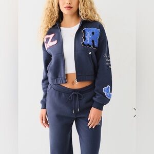 True Religion Navy Crystal Patch Zip Varsity Hoodie Small